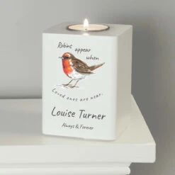 Personalised Robins Appear White Wooden Tealight Holder -Yanke Home Shop 4005074 pmc personalised robins appear white wooden tealight holder 2