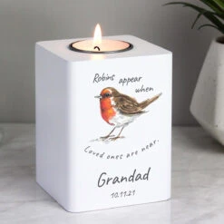 Personalised Robins Appear White Wooden Tealight Holder -Yanke Home Shop 4005074 pmc personalised robins appear white wooden tealight holder 4