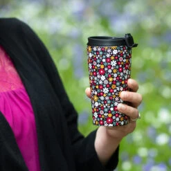 Eco Chic Black Ditsy Flowers Stainless Steel Travel Coffee Cup -Yanke Home Shop eco chic flowers stainlesssteel travel cup 1